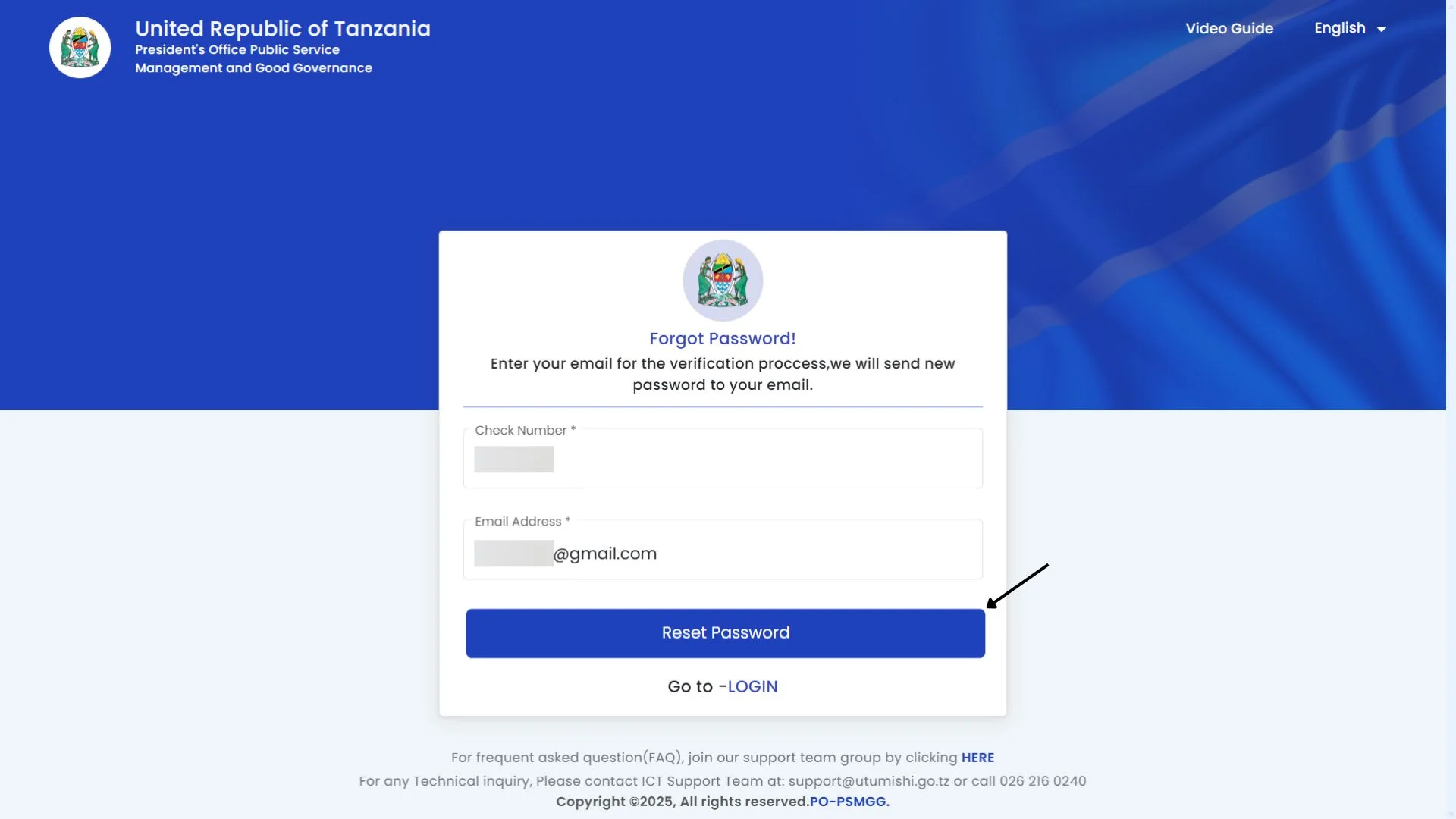 click on the reset password button